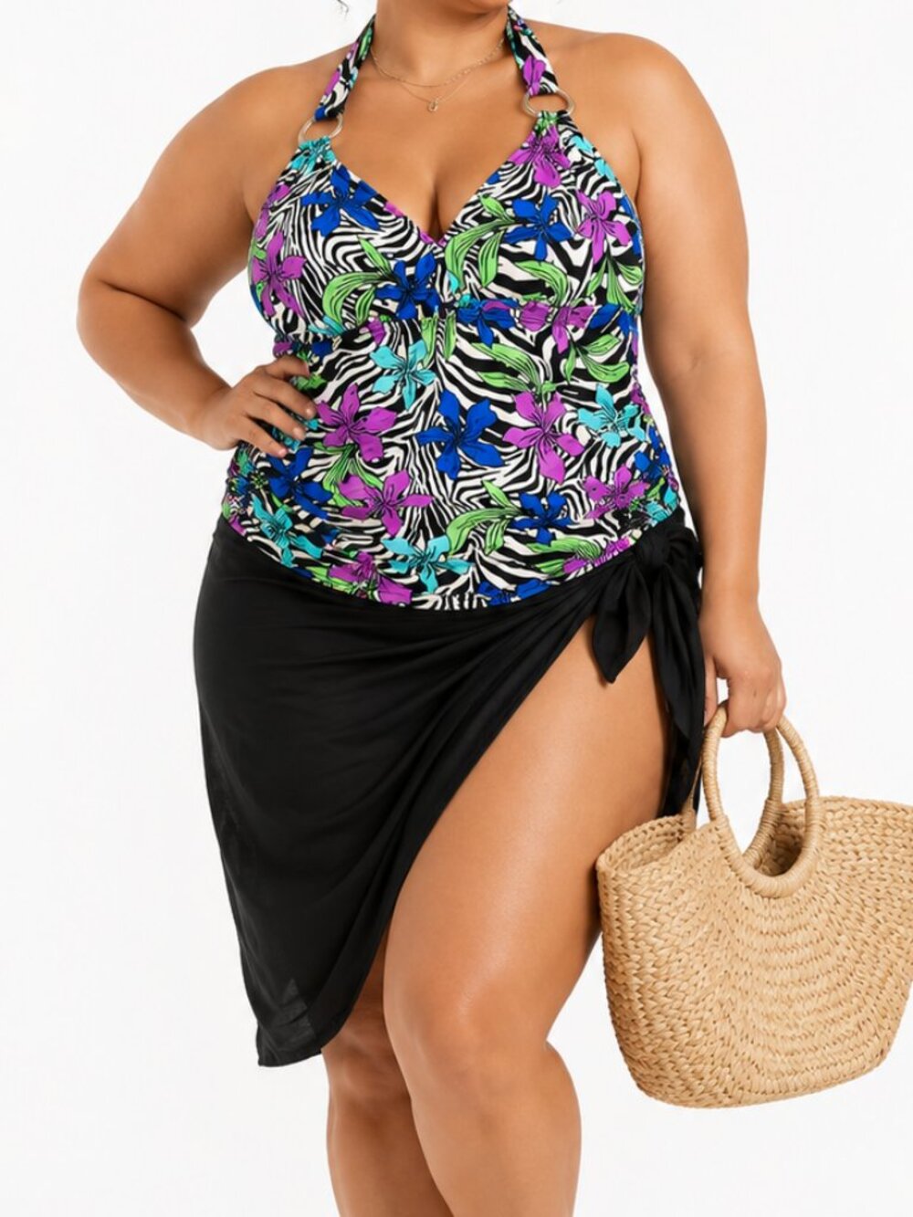 Inches Off Zebra Floral Halter Tankini Swim Top Tropical Purple Blue Swimwear